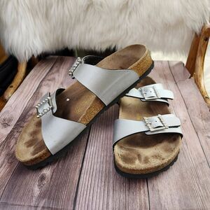 Birkenstock Sandals Womens Size 9 Silver Slide Rhinestone Buckle Cork Footbed